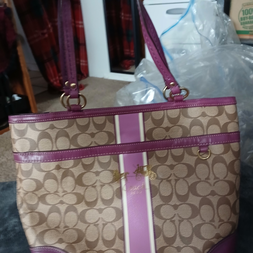 Coach Signature Tote in Tan and Purple